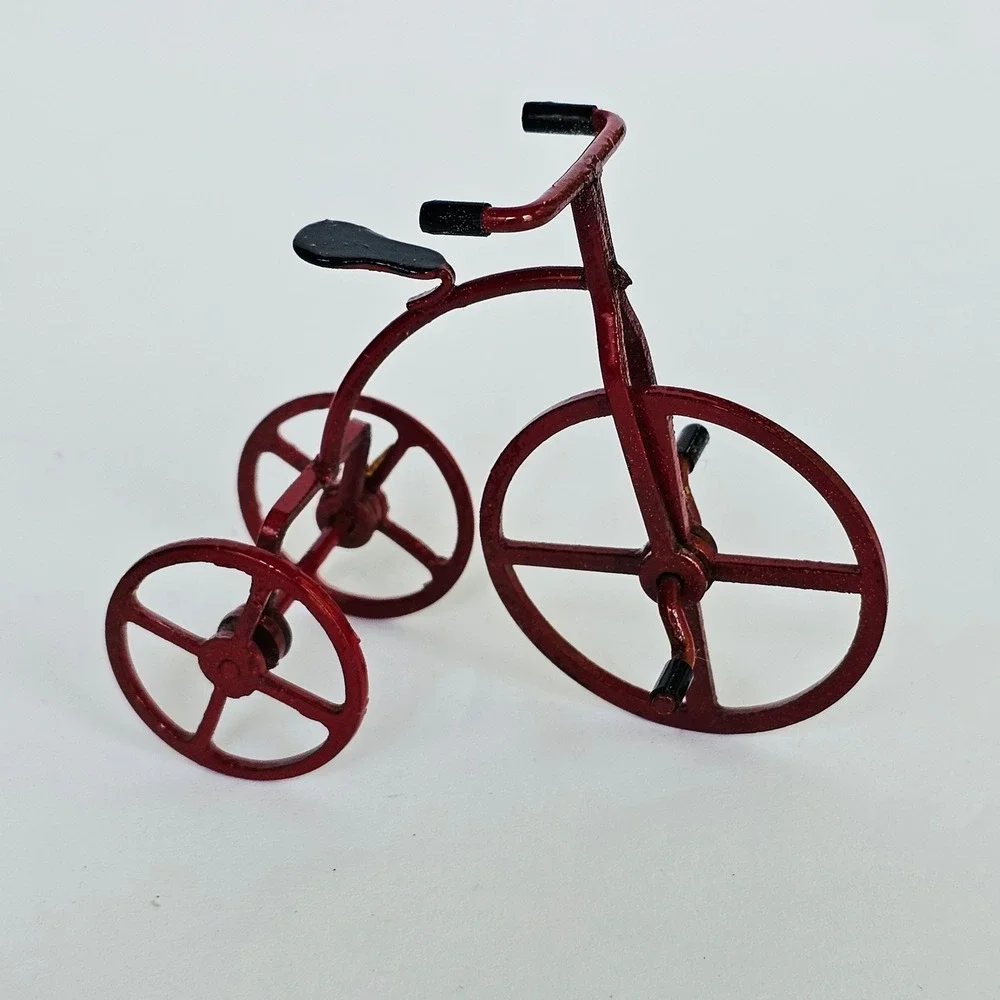 Vintage Retro Style Red Dollhouse Miniatures Wagon Tricycle Gumball Machine Set